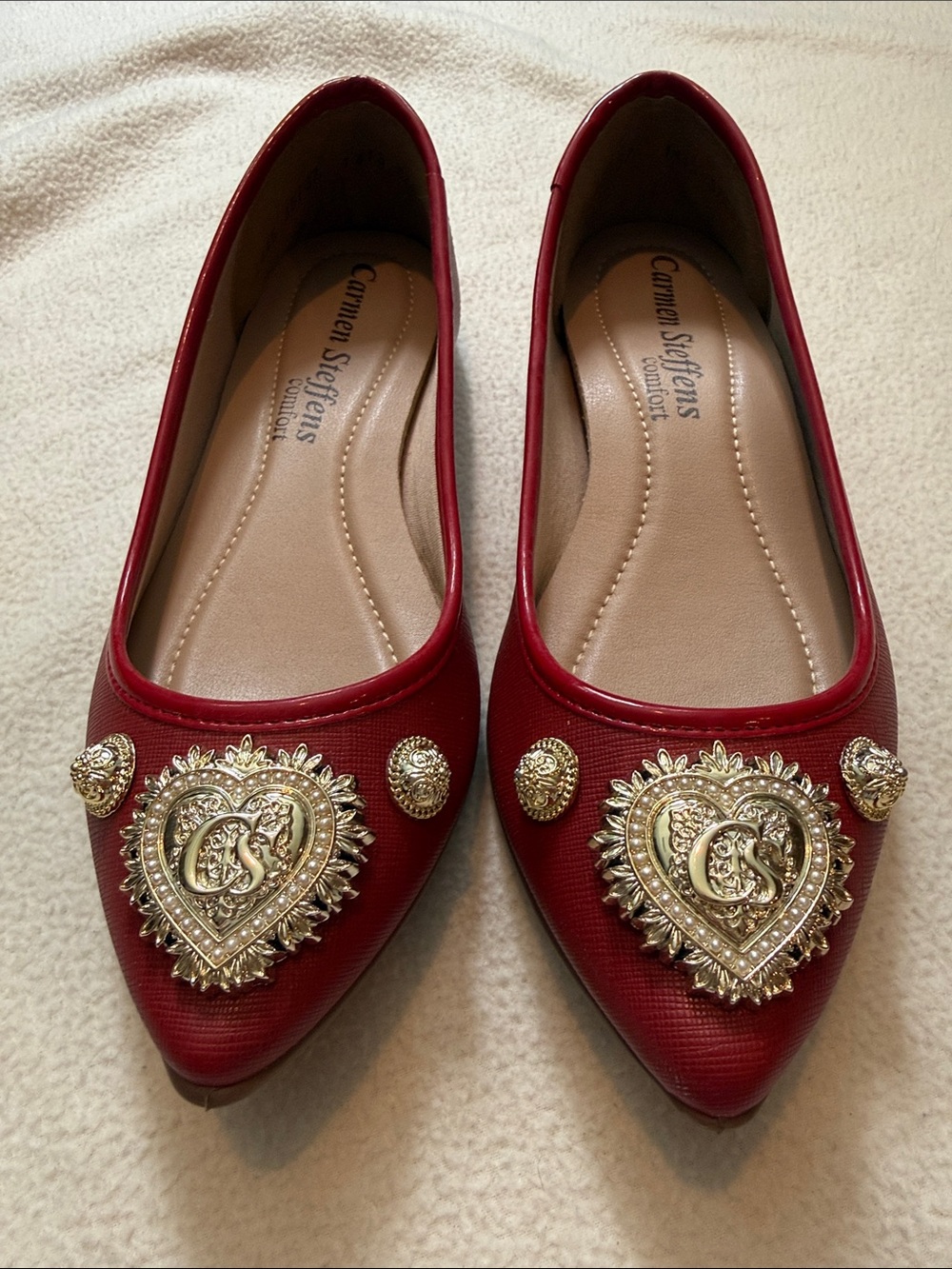 Carmen Steffens Red Pointed Toe Flats with Gold Heart Medallions
